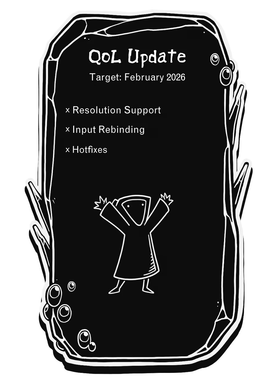 Worship: Black stone tablet with "QoL Update," target date, and a small hooded figure illustration.