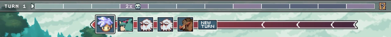 Turn Order Bar – Woven Horizons Woven Horizons: Turn order bar with character icons, "TURN 1" text, and "NEW TURN" button.