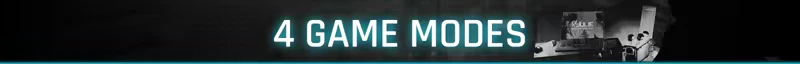 WRAITH OPS: Neon text "4 GAME MODES" with a blurred background of gaming equipment.