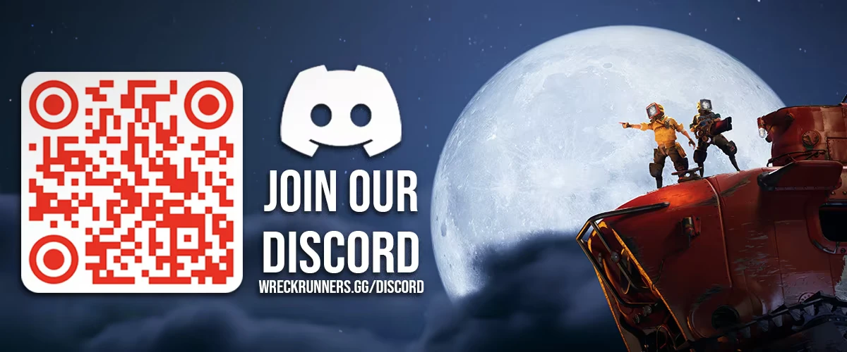 Discord Promo – Wreck Runners Wreck Runners: QR code and “JOIN OUR DISCORD” text beside moonlit ship with 2 figures.