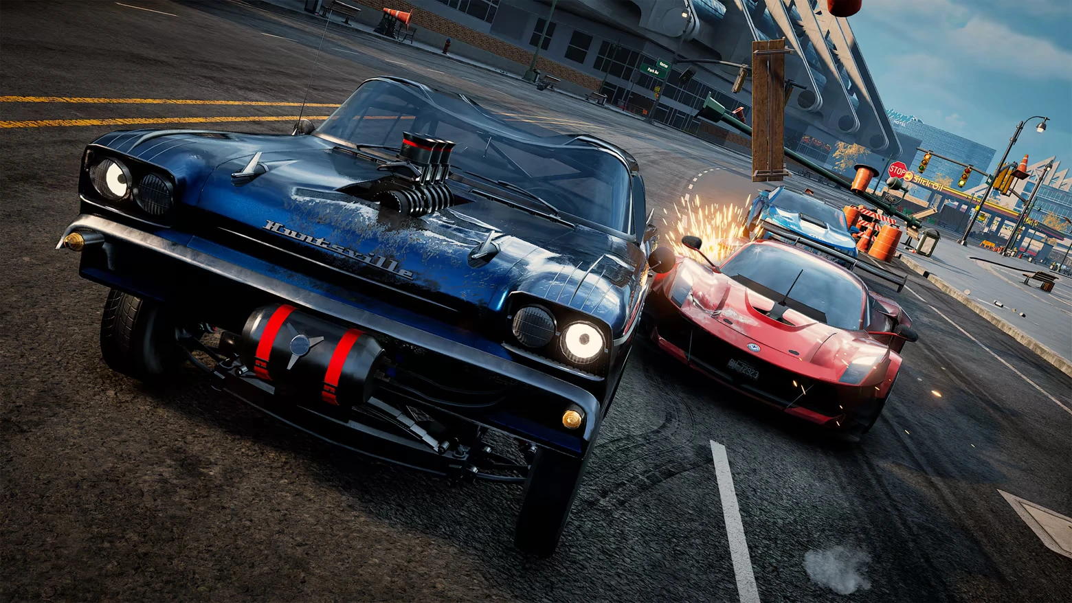 Car Takedown Crash – Wreckreation 2 Wreckreation 2: Blue muscle car rams red supercar, sparks flying on city street.