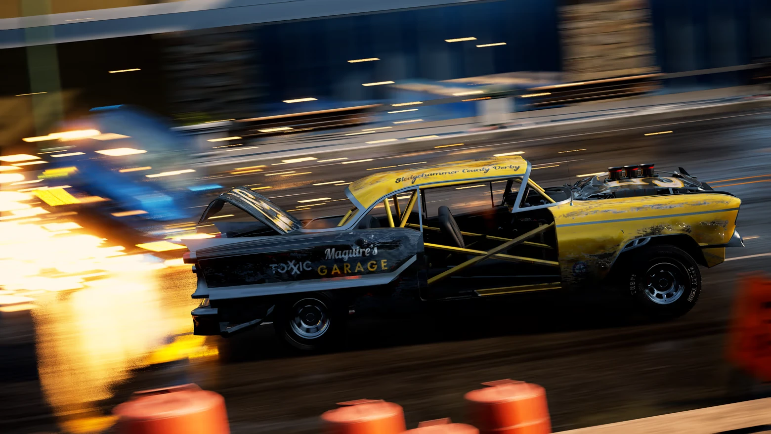 Fiery Drift Run – Wreckreation 2 Wreckreation 2: Yellow derby car skids past sparks; “Maguire’s Toxic Garage” text visible.