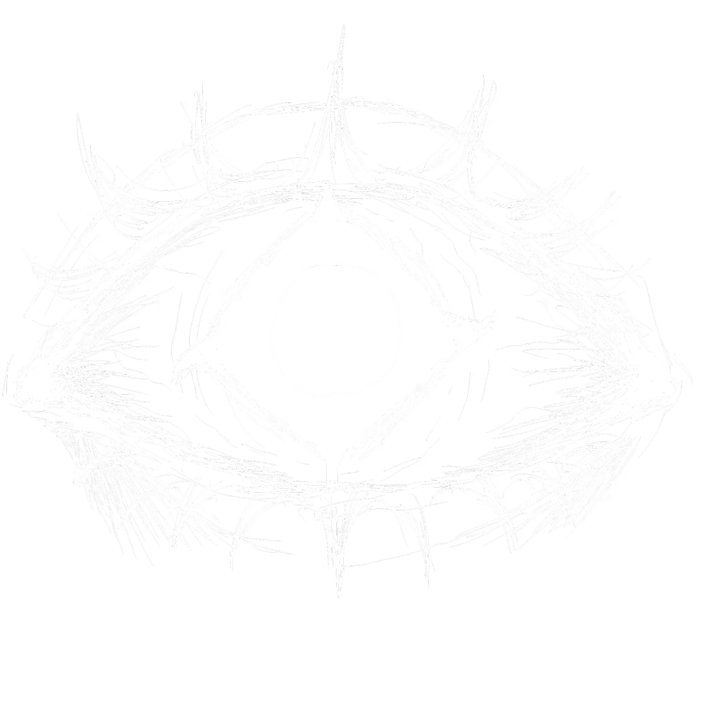 XENO DEAD: Hand-drawn eye with spiky lashes and a diamond-shaped pupil on a black background.