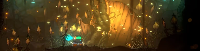 Xplorite: Character with a glowing blue light faces a giant orange creature in a dim, plant-filled cave.