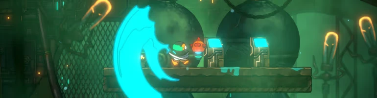 Xplorite: A character with a glowing blue weapon stands on a platform beside two glowing consoles.