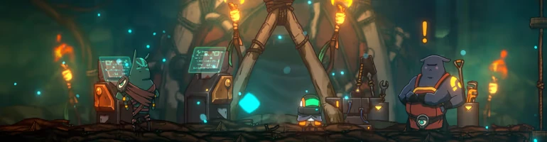 Xplorite: A character in a helmet stands between a console and a large creature with an exclamation mark.