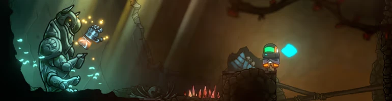 Xplorite: A glowing armored figure faces a small character with a green helmet in a cave setting.