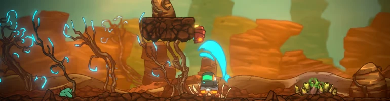 Xplorite: Character with blue trail jumps in rocky, alien landscape with glowing plants.