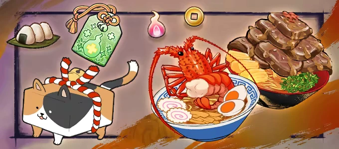Yasha: Cartoon cat with red rope, ramen with lobster, onigiri, green talisman, and coins.