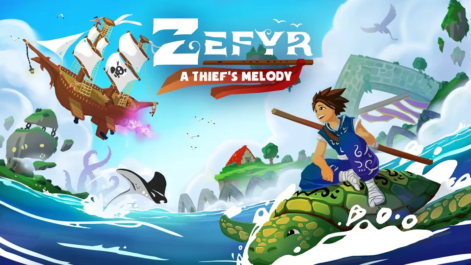 Yashi: Zephyr 3 A Thief's Melody title over hero on sea turtle, airship nearby.