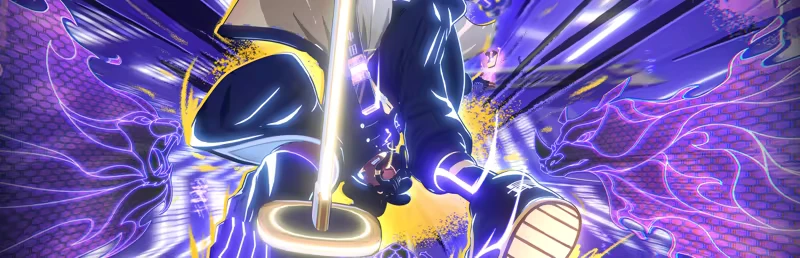 YASUKE: Dynamic figure in motion, wielding a glowing sword with purple and yellow energy trails.