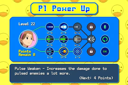 Yellow Trouble: P1 Power Up screen, Level 22, skill tree, and duck icons on a yellow duck background.