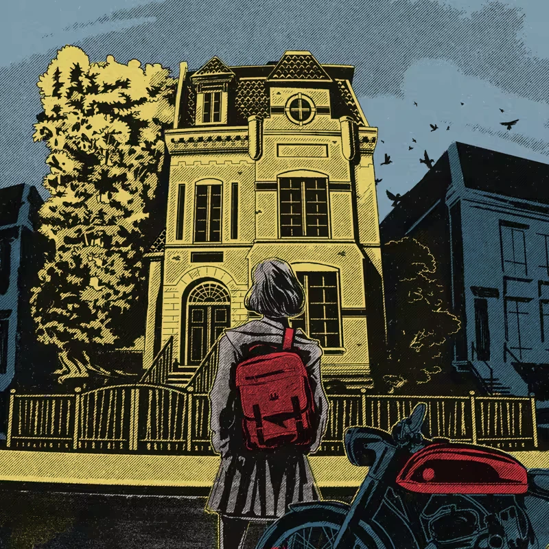 Mystery Mansion – YOUR HOUSE YOUR HOUSE: A person with a red backpack stands before a tall, yellow house with arched windows.