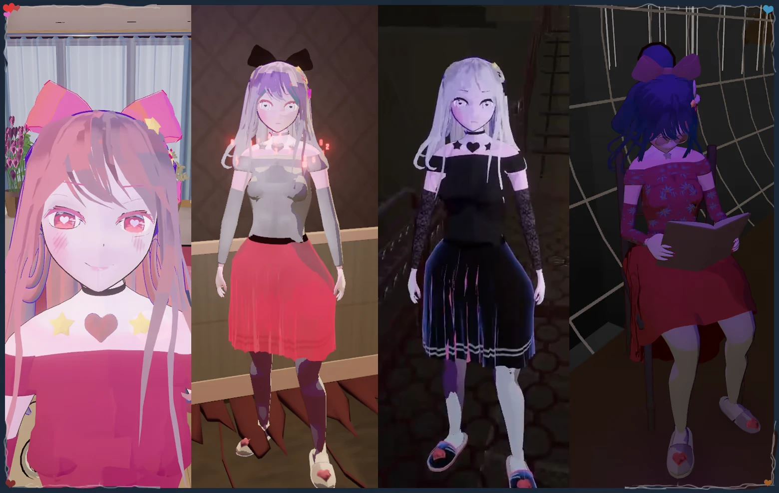 Your Love Ai: Four androids in varied outfits; one reads a book, others pose in different settings.