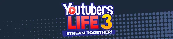 Youtubers Life 3: Bold logo with red, blue, and yellow text on a dark dotted background.