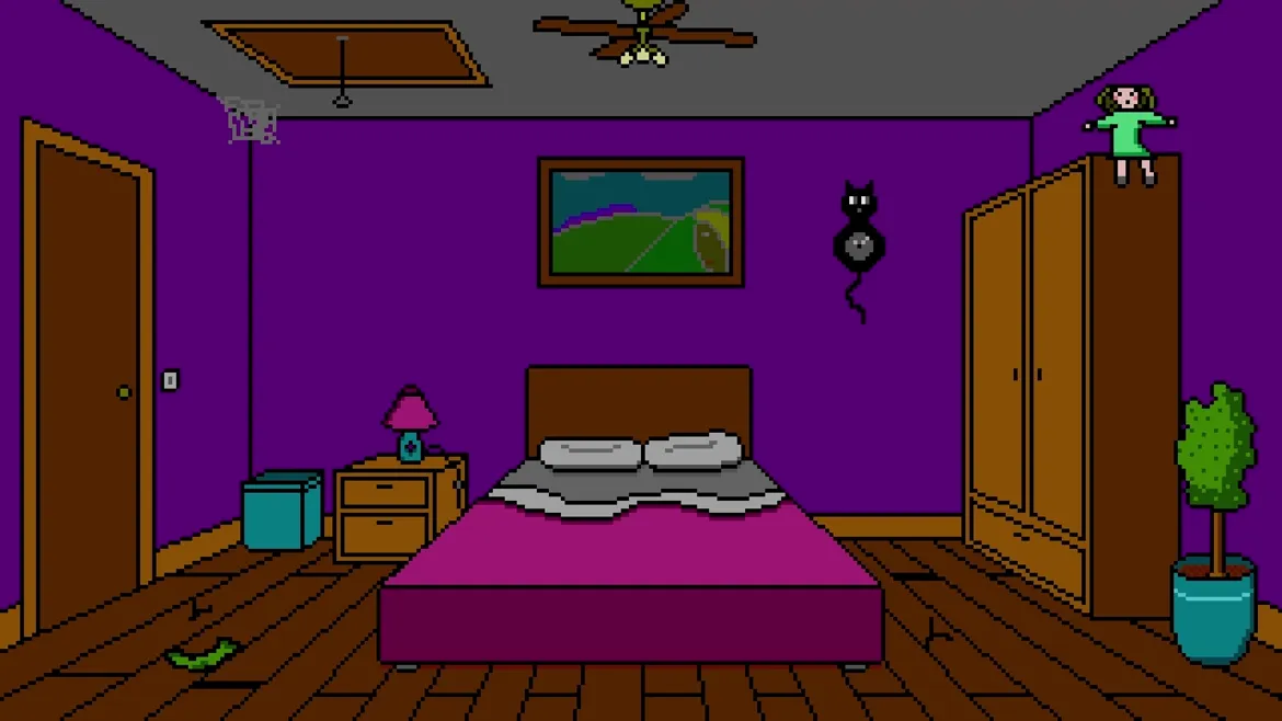 You've Changed: A purple room with a bed, ceiling fan, cat clock, doll on wardrobe, and potted plant.