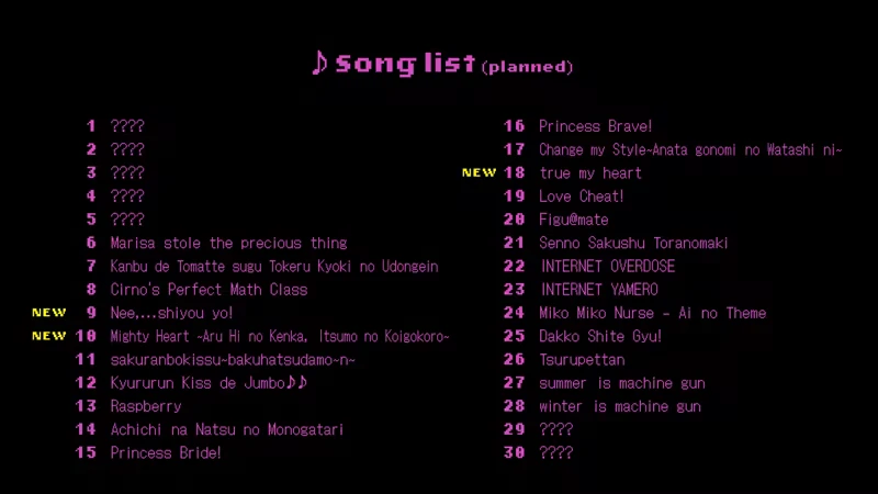 Song List – Yunyun Syndrome!? Rhythm Psychosis Yunyun Syndrome!? Rhythm Psychosis: Song list with titles in pink text, some marked "NEW".