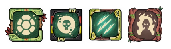 YVY: Four square icons with symbols: turtle shell, skull, claw marks, and shadowy figure.