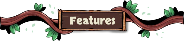 YVY: Wooden sign with "Features" in bold white text, surrounded by vines and green leaves.