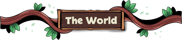 YVY: Wooden sign with "The World" text, surrounded by vines and green leaves.