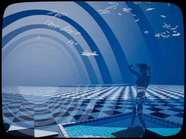 ZENOMATRIX: A chrome statue stands on a checkered floor under blue arches with floating shapes.