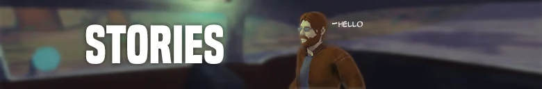Zero To South: Large white text “STORIES” beside bearded man saying “HELLO”.