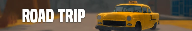 Zero To South: White ROAD TRIP text beside a yellow taxi on a blurred street.