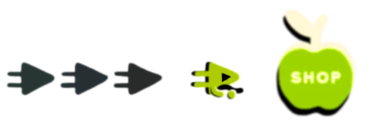 ZOE Begone!: Three black arrows, a green play button, and a green apple icon labeled "SHOP".