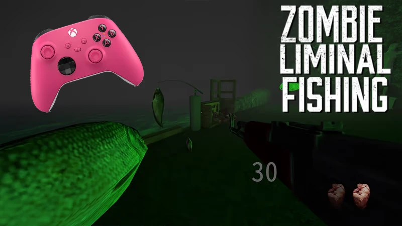 Zombie Liminal Fishing: Pink controller, fish on hook, rifle, ammo count 30, eerie green glow.