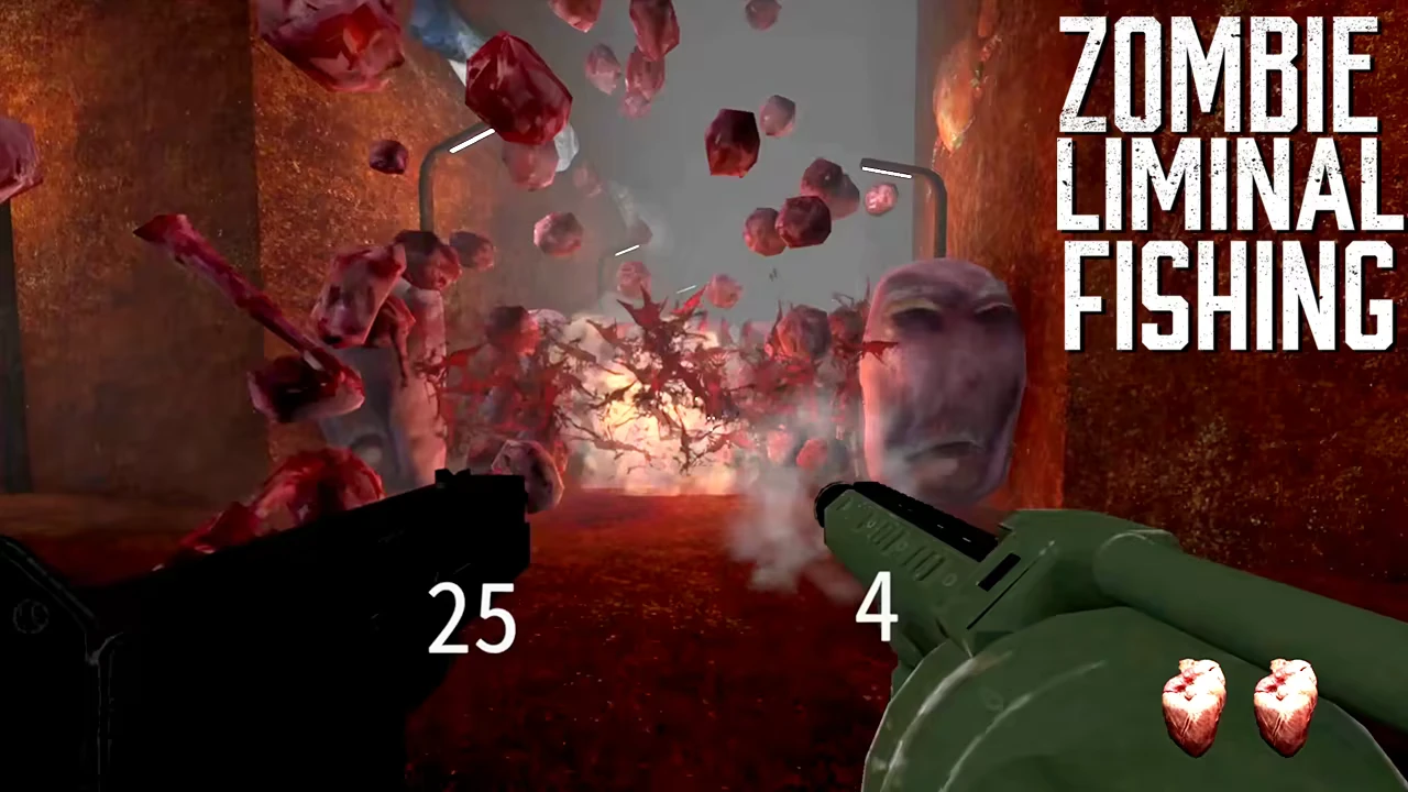 Zombie Liminal Fishing: Dual guns fire at floating zombie parts; UI shows ammo and hearts.