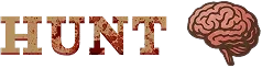 ZOMBUTCHER: The word "HUNT" in blood-splattered letters next to a cartoon brain icon.