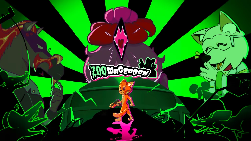 Zoomageddon: Cartoon cat with a gun stands before a giant creature, flanked by green animals.