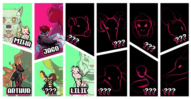 Zoomageddon: Pixel art characters Miho, Jago, Arthur, Lilie, and silhouettes with "???" labels.