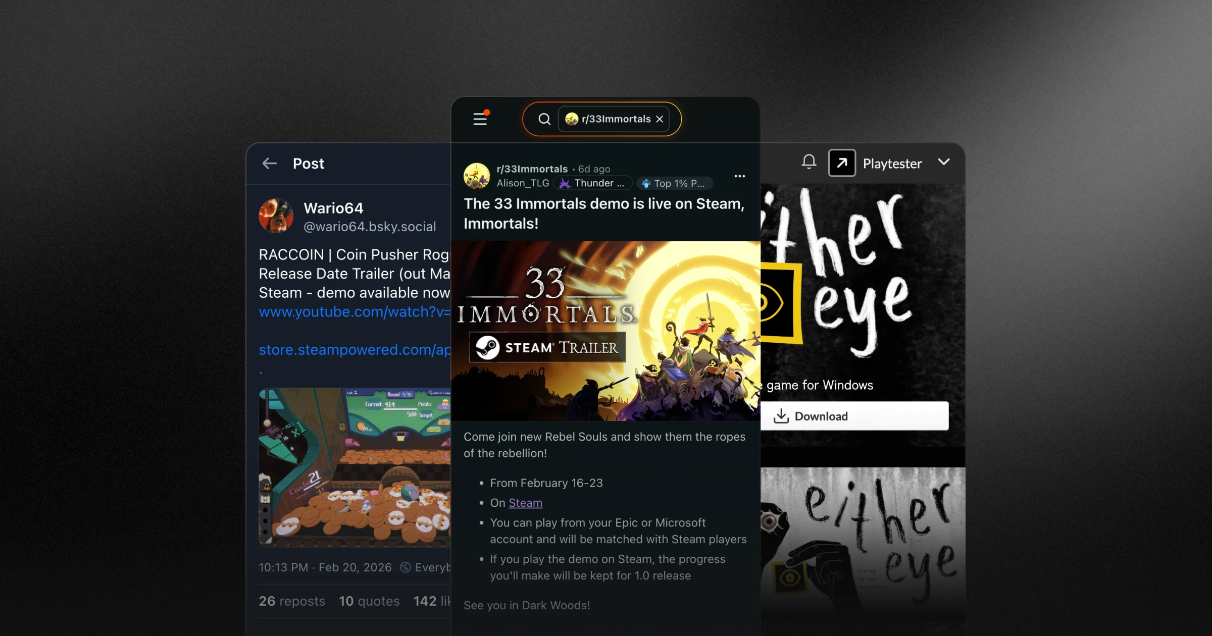 Mobile views of Reddit, Bluesky, and itch.io showing game demo posts across separate platforms.