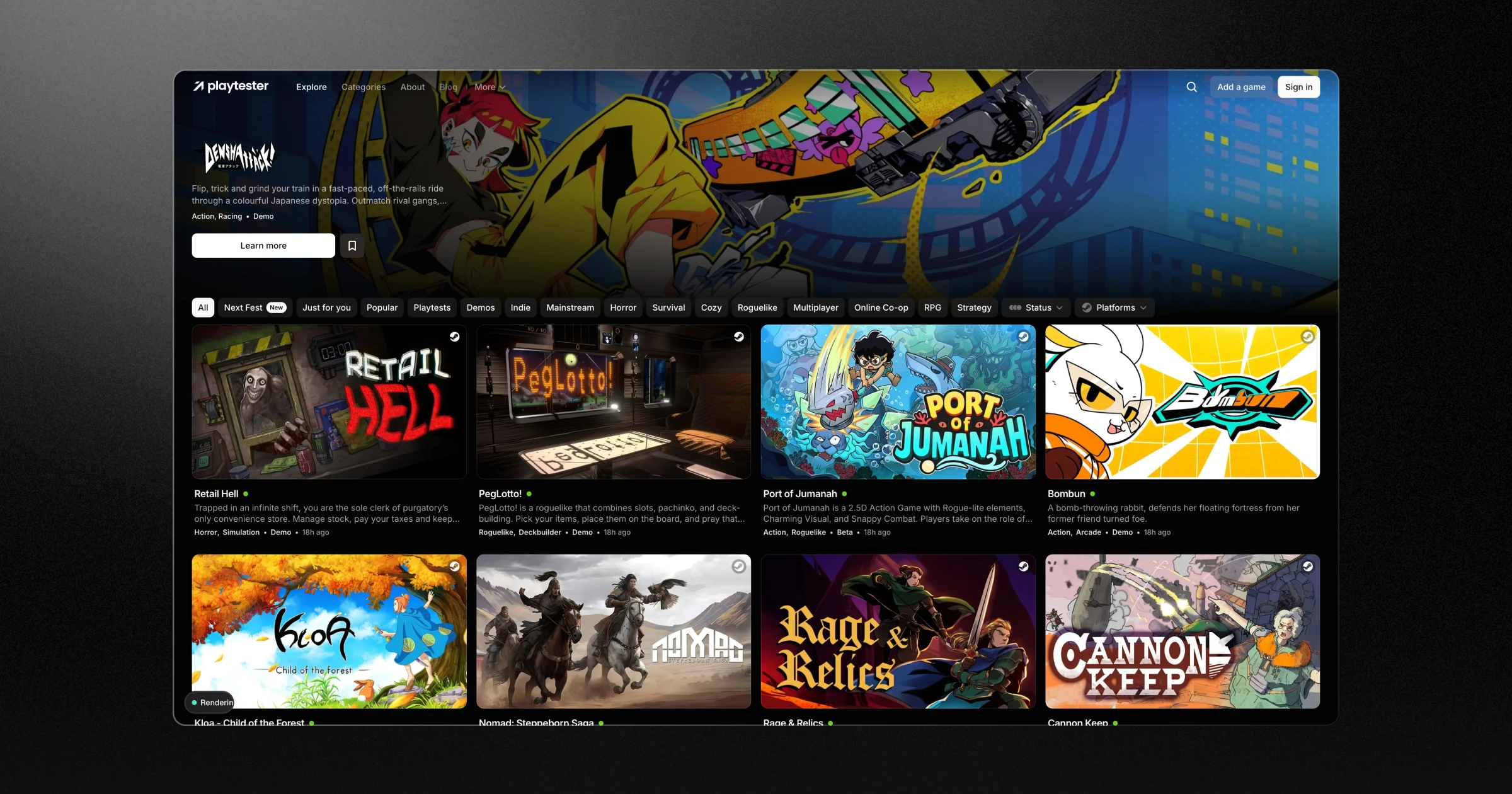 Playtester homepage showing a featured banner and a grid of playable pre-release games.