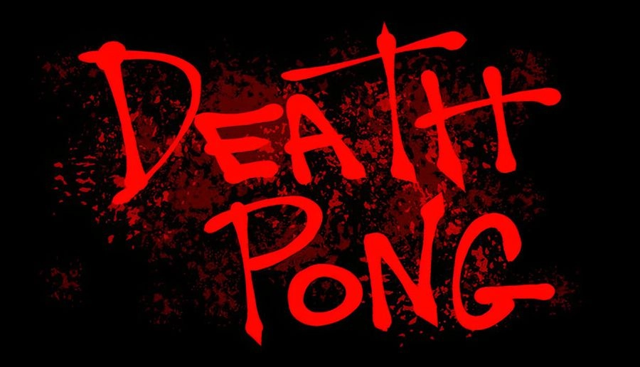 Death Pong: dripping red graffiti-style title over black background with splatter and rough brush strokes in frame.